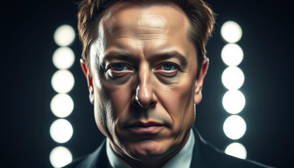 A high-resolution portrait of Elon Musk, the CEO of Tesla and SpaceX, set against a dimly lit background. Musk is depicted in a tight close-up, wearing a dark suit and looking directly at the camera with a serious, focused expression. The lighting is dramatic, casting shadows that accentuate the contours of his face. The depth of field is shallow, blurring the background to emphasize Musk's piercing gaze. The overall mood is one of intensity and determination, reflecting the subject's influential role in the tech industry.