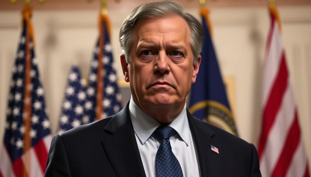 A middle-aged man with a stern expression, Peter Navarro, stands in a formal setting with a backdrop of American flags and political symbols. He is dressed in a dark suit, exuding an air of authority and confidence. The lighting is dramatic, casting shadows that accentuate his features and convey a sense of gravitas. The composition emphasizes Navarro's central role, placing him in the foreground with the political elements in the background, suggesting the intersection of his persona and the political landscape. The overall tone is one of seriousness and power, reflecting Navarro's stature as a prominent political figure.